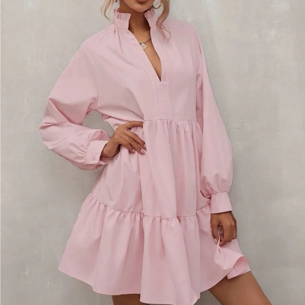 Boho lantern sleeve notched neck dress